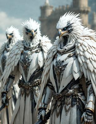 The image features a group of white birds, possibly eagles, with long white feathers. They are standing next to each other, creating a sense of unity and harmony. The birds are positioned in various orientations, with some facing the camera and others looking away. The scene appears to be a digital art or illustration, showcasing the beauty and elegance of these majestic creatures. The overall atmosphere is serene and captivating.